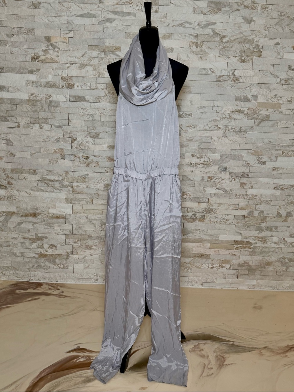 Light Gray Satin Cowl Neck Open Back Jumpsuit